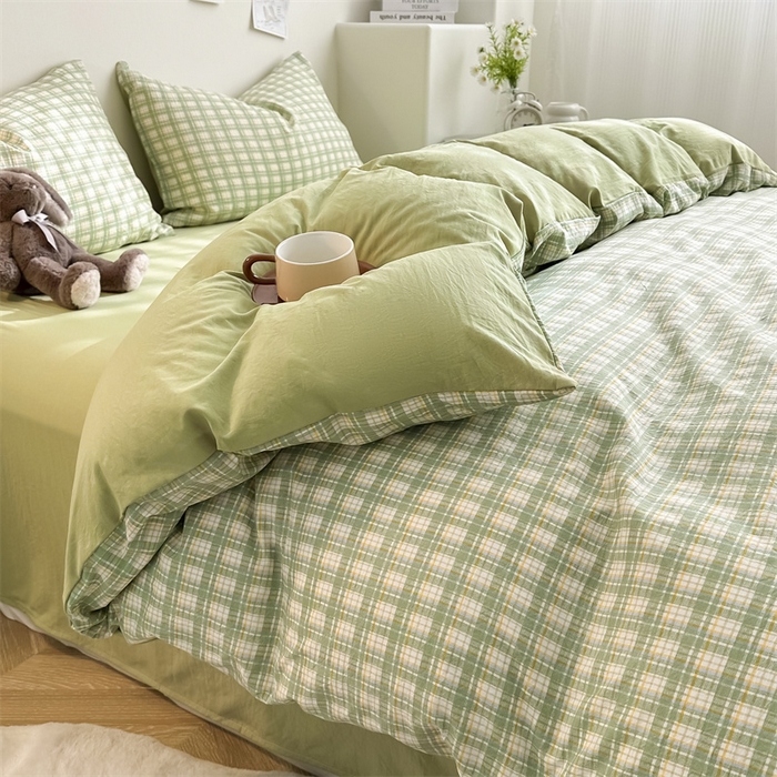 91家纺网 家纺一手货源 找家纺 古吉梦 2024新款水洗棉小清新印花格子系列四件套 G-清雅绿+果绿