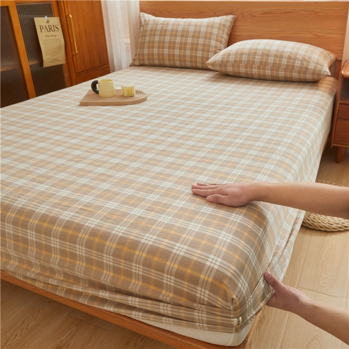 91家纺网 家纺一手货源 找家纺 喜居 2024新款A类色织纯棉水洗棉100%新疆棉全棉床笠 麦田咖