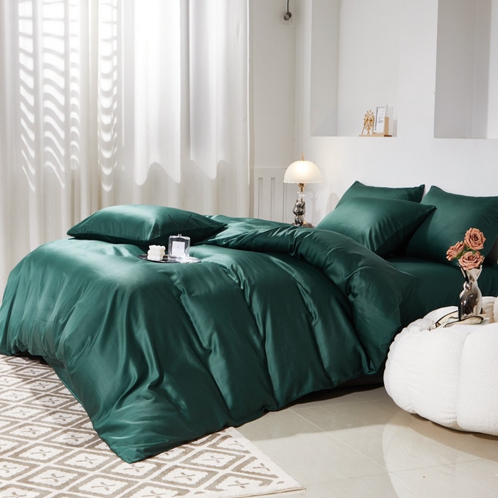 91家纺网 家纺一手货源 找家纺 晶缦家纺 2024新款全棉60支贡缎长绒棉纯色多规格四件套和单品-琅夕系列 四件套 琅夕-墨绿色