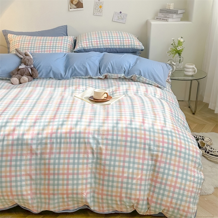 91家纺网 家纺一手货源 找家纺 古吉梦 2024新款水洗棉小清新印花格子系列四件套 G-七彩格+海青