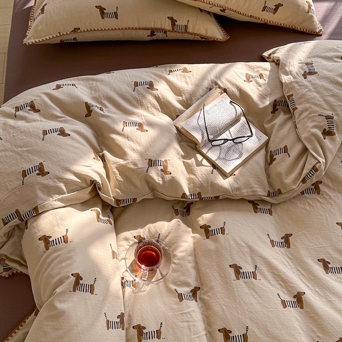 91家纺网 家纺一手货源 找家纺 洋铭区（原狠狠爱） 2024新款全棉双层纱四件套 小狗条条