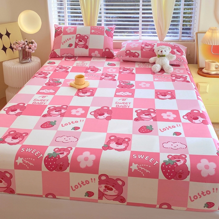 91家纺网 家纺一手货源 找家纺 洺兰家居 2025新款全棉喷气印花单床笠纯棉小清新花卉北欧风床套/枕套 草莓熊