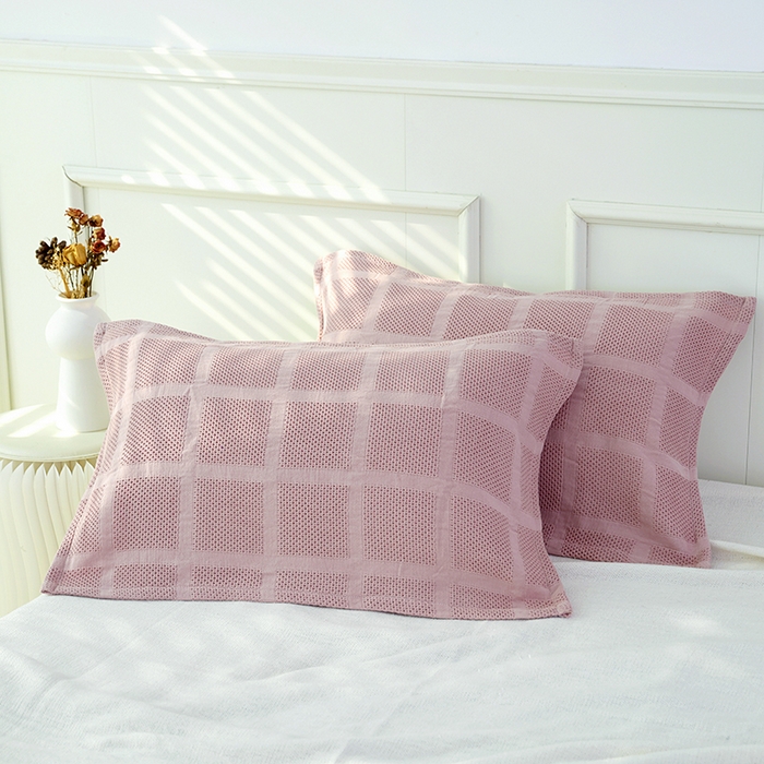 91家纺网 家纺一手货源 找家纺 朴尔家纺 2024新款全棉质朴方格风立体华夫格透气纱布枕巾/对 方格华夫格-粉枕巾