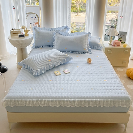 宜凡家纺 2024新款全棉夹棉绣花花边系列床笠三件套 甜蜜蜜 蓝