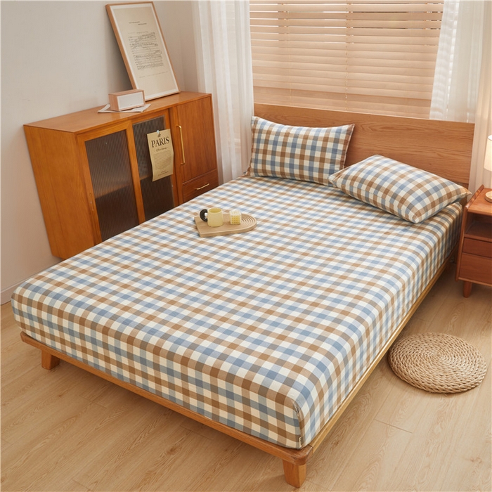 91家纺网 家纺一手货源 找家纺 喜居 2024新款A类色织纯棉水洗棉100%新疆棉全棉床笠 蓝芋格