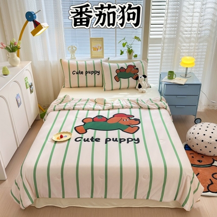 91家纺网 家纺一手货源 找家纺 星期八 2024新款针织棉夏被四件套 番茄狗