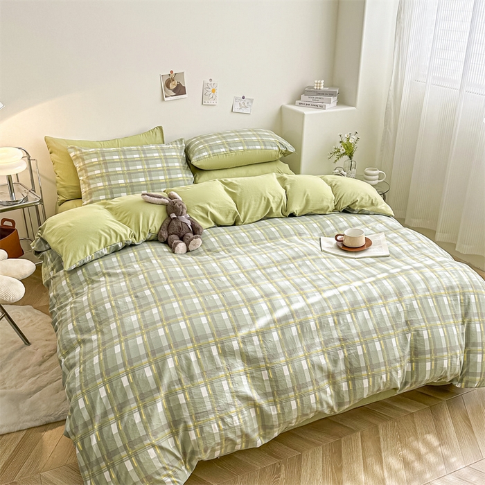 91家纺网 家纺一手货源 找家纺 古吉梦 2024新款水洗棉小清新印花格子系列四件套 G简兮-绿+果绿