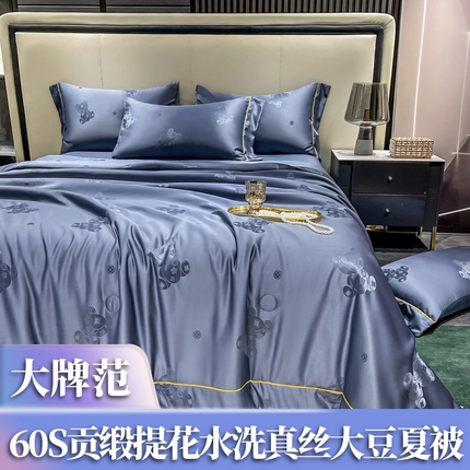 91家纺网 家纺一手货源 找家纺 经年 2025新款潮流熊60S贡缎提花水洗真丝大豆夏被  潮流熊-蓝灰
