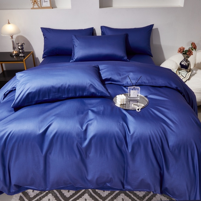 91家纺网 家纺一手货源 找家纺 晶缦家纺 2024新款全棉60支贡缎长绒棉纯色多规格四件套和单品-琅夕系列 四件套 琅夕-克莱因蓝