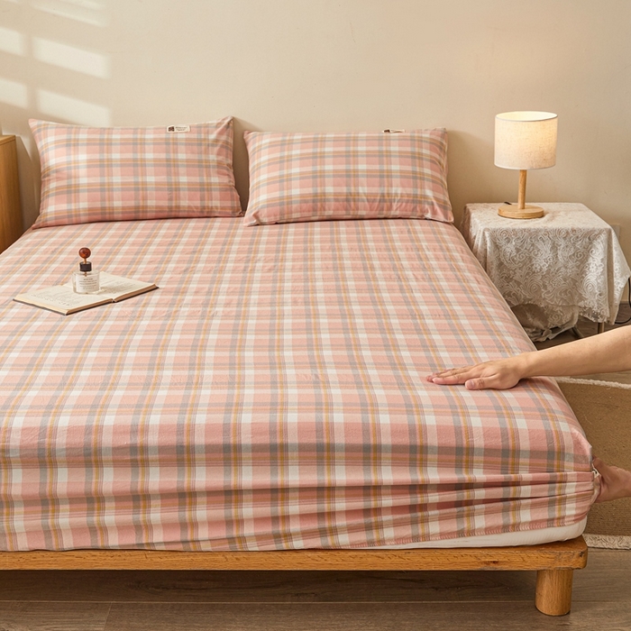 91家纺网 家纺一手货源 找家纺 喜居 2024新款A类色织纯棉水洗棉100%新疆棉全棉床笠 密粉格