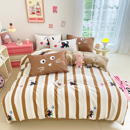 91家纺网 家纺一手货源 找家纺 莱米家纺  2024新款磨毛印花四件套 月夜猫