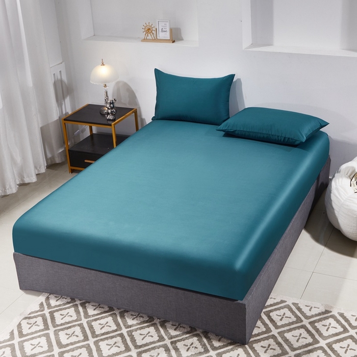 91家纺网 家纺一手货源 找家纺 晶缦家纺 2024新款全棉60支贡缎长绒棉纯色多规格四件套和单品-琅夕系列 单床笠 琅夕-猫眼绿