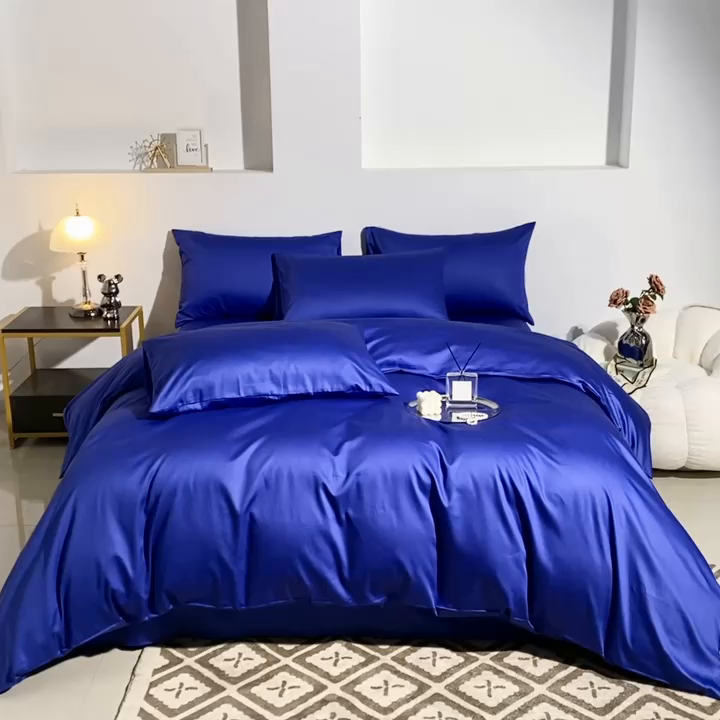 91家纺网 家纺一手货源 找家纺 晶缦家纺 2024新款全棉60支贡缎长绒棉纯色多规格四件套和单品-琅夕系列 四件套 琅夕-克莱因蓝