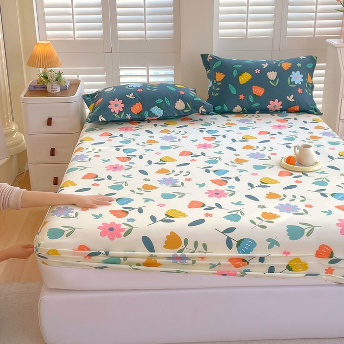 91家纺网 家纺一手货源 找家纺 洺兰家居 2025新款全棉喷气印花单床笠纯棉小清新花卉北欧风床套/枕套 洛洛繁花米