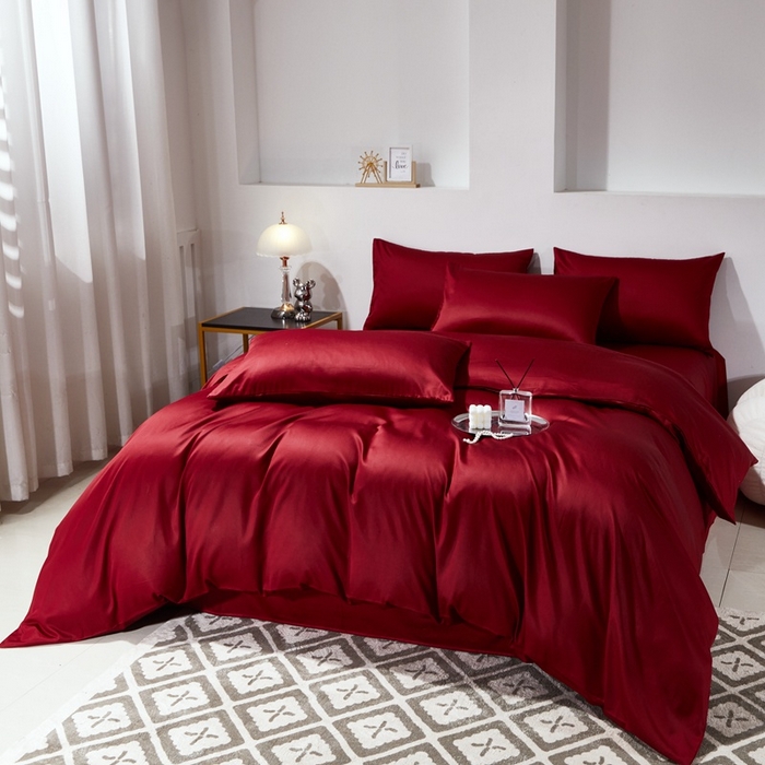 91家纺网 家纺一手货源 找家纺 晶缦家纺 2025新款全棉60支贡缎长绒棉纯色多规格四件套和单品-琅夕系列 四件套 琅夕-酒红色