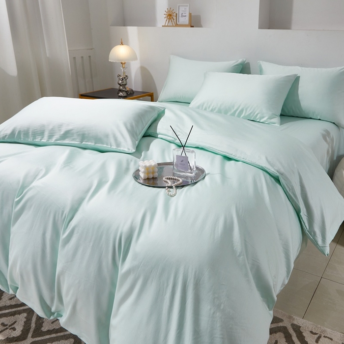 91家纺网 家纺一手货源 找家纺 晶缦家纺 2024新款全棉60支贡缎长绒棉纯色多规格四件套和单品-琅夕系列 四件套 琅夕-天青绿