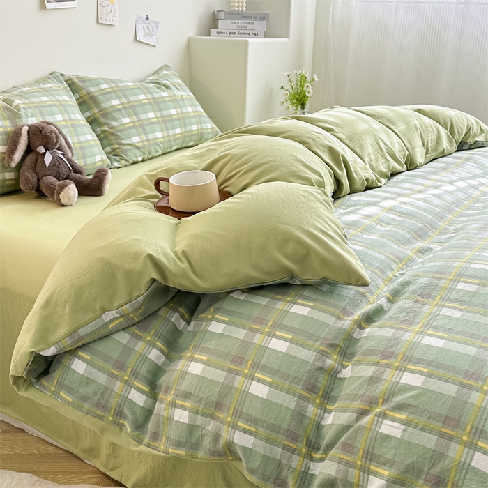 91家纺网 家纺一手货源 找家纺 古吉梦 2024新款水洗棉小清新印花格子系列四件套 G简兮-绿+果绿