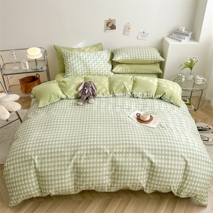 91家纺网 家纺一手货源 找家纺 古吉梦 2024新款水洗棉小清新印花格子系列四件套 G-清雅绿+果绿