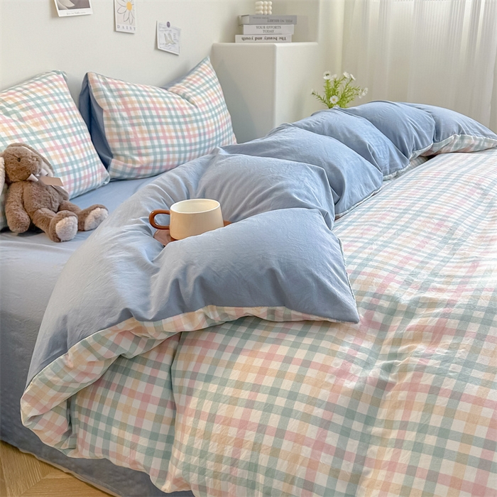 91家纺网 家纺一手货源 找家纺 古吉梦 2024新款水洗棉小清新印花格子系列四件套 G-七彩格+海青