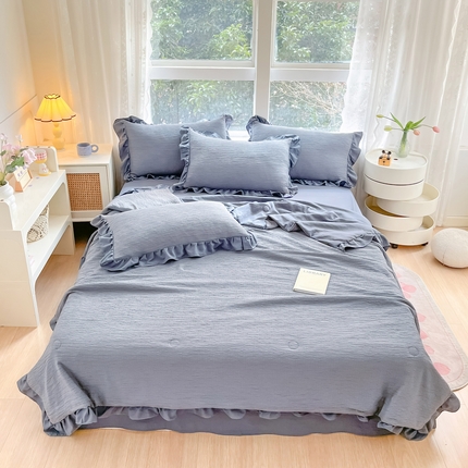 91家纺网 家纺一手货源 找家纺 AB家纺 2024新款波浪泡泡纱夏被夏被四件套 绅士灰