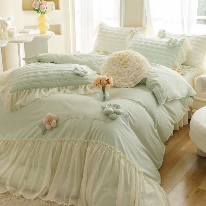 91家纺网 家纺一手货源 找家纺 胜权家纺 2024新款A类水洗60支全棉工艺款夹棉床裙四件套 花儿朵朵-清新绿