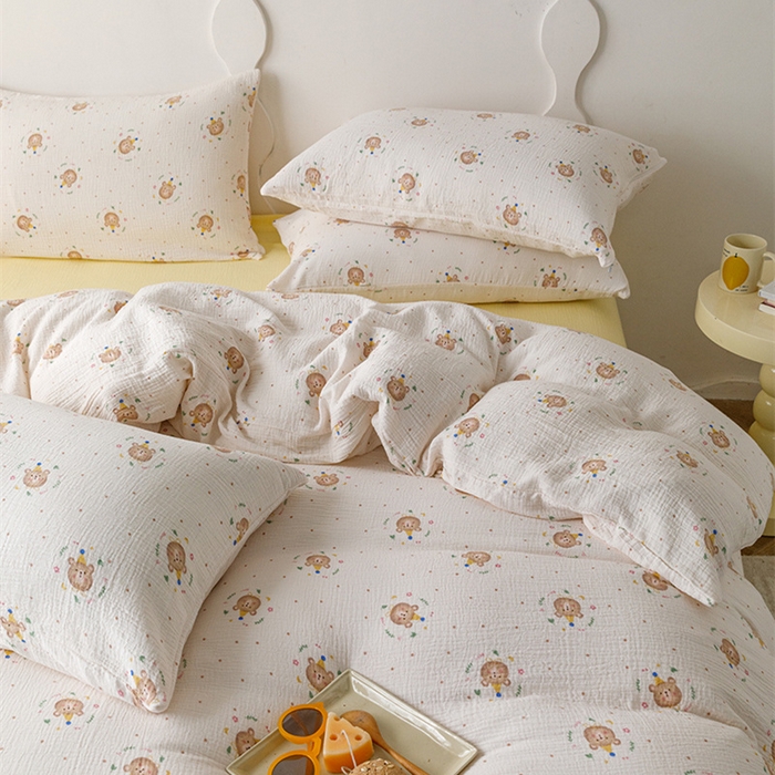 91家纺网 家纺一手货源 找家纺 （总）蜜柚 2024新款全棉双层皱皱纱四件套