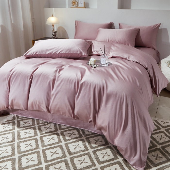 91家纺网 家纺一手货源 找家纺 晶缦家纺 2024新款全棉60支贡缎长绒棉纯色多规格四件套和单品-琅夕系列 单被套 琅夕-粉豆沙