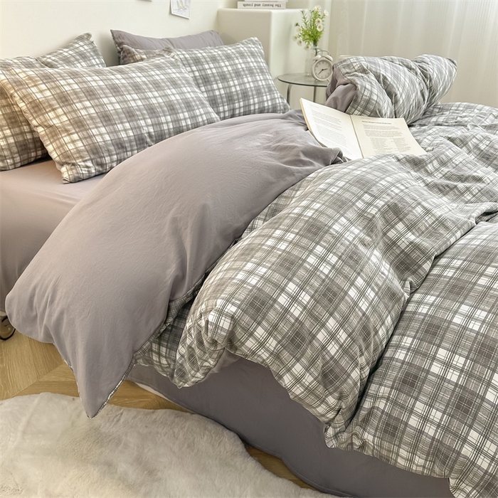 91家纺网 家纺一手货源 找家纺 古吉梦 2024新款水洗棉小清新印花格子系列四件套 G-可可灰+中灰