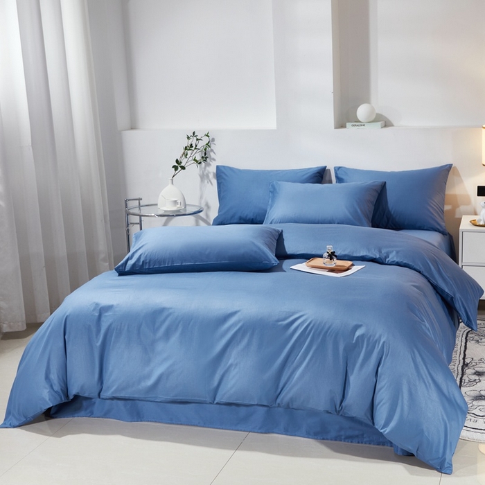 91家纺网 家纺一手货源 找家纺 晶缦家纺 2024新款喷气全棉13376纯棉斜纹纯色多规格四件套和单品-沐色系列 四件套 沐色-牛仔蓝