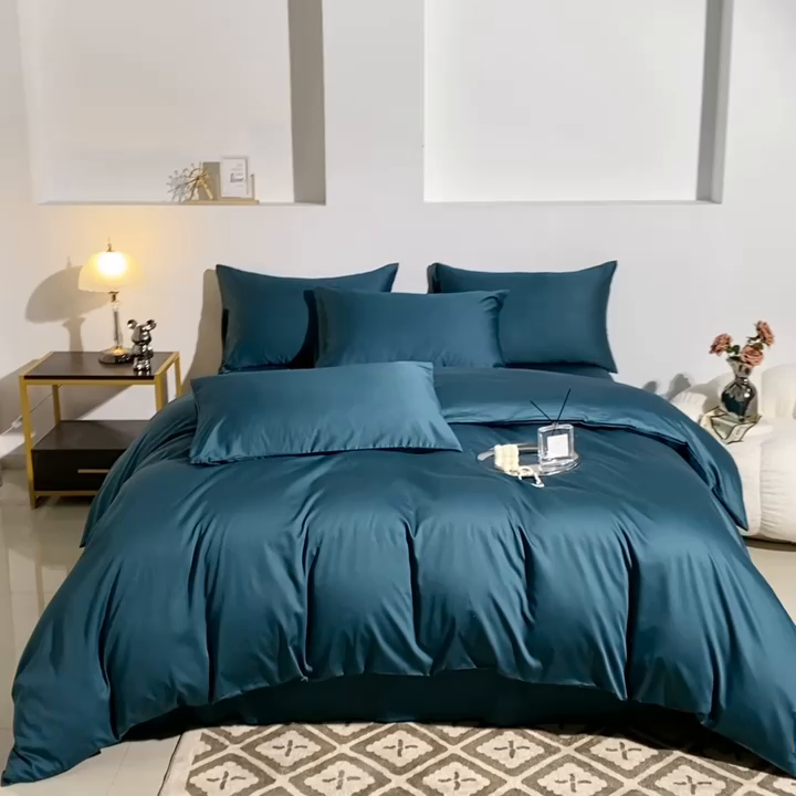 91家纺网 家纺一手货源 找家纺 晶缦家纺 2024新款全棉60支贡缎长绒棉纯色多规格四件套和单品-琅夕系列 四件套 琅夕-猫眼绿