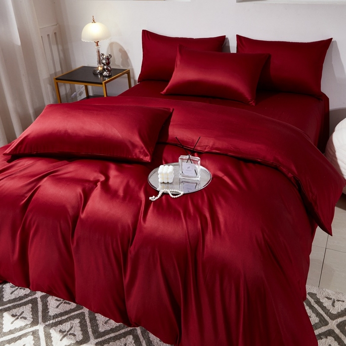 91家纺网 家纺一手货源 找家纺 晶缦家纺 2025新款全棉60支贡缎长绒棉纯色多规格四件套和单品-琅夕系列 四件套 琅夕-酒红色