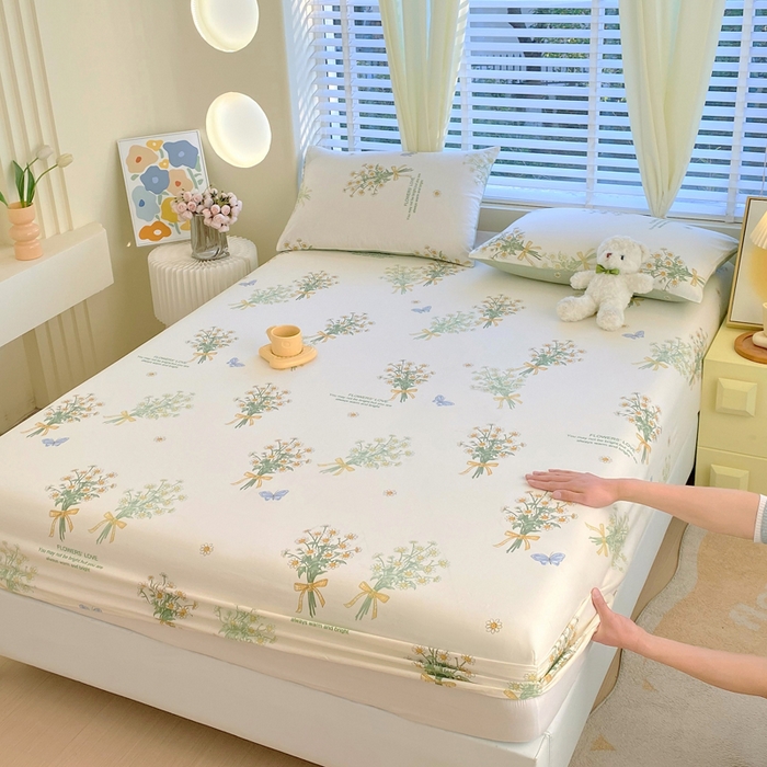 91家纺网 家纺一手货源 找家纺 洺兰家居 2025新款全棉喷气印花单床笠纯棉小清新花卉北欧风床套/枕套 香草