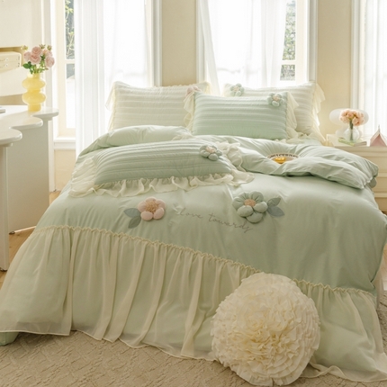 胜权家纺 2024新款A类水洗60支全棉工艺款夹棉床裙四件套 花儿朵朵-清新绿
