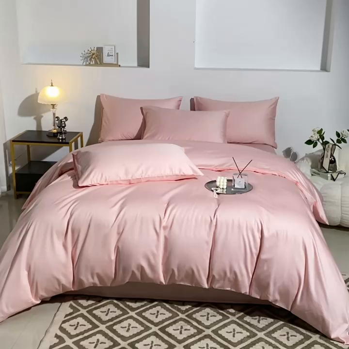 91家纺网 家纺一手货源 找家纺 晶缦家纺 2024新款全棉60支贡缎长绒棉纯色多规格四件套和单品-琅夕系列 四件套 琅夕-浅粉玉