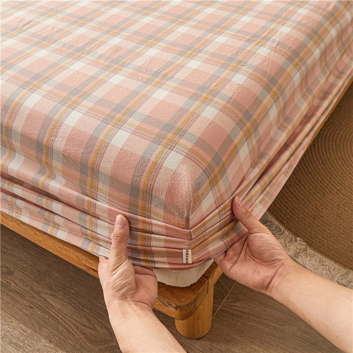 91家纺网 家纺一手货源 找家纺 喜居 2024新款A类色织纯棉水洗棉100%新疆棉全棉床笠 简兮粉