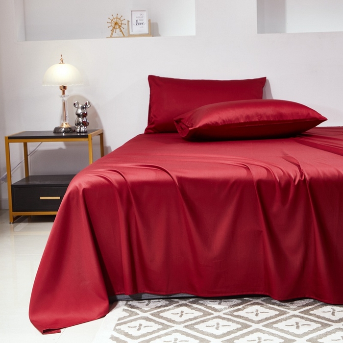 91家纺网 家纺一手货源 找家纺 晶缦家纺 2024新款全棉60支贡缎长绒棉纯色多规格四件套和单品-琅夕系列 单床单 琅夕-酒红色