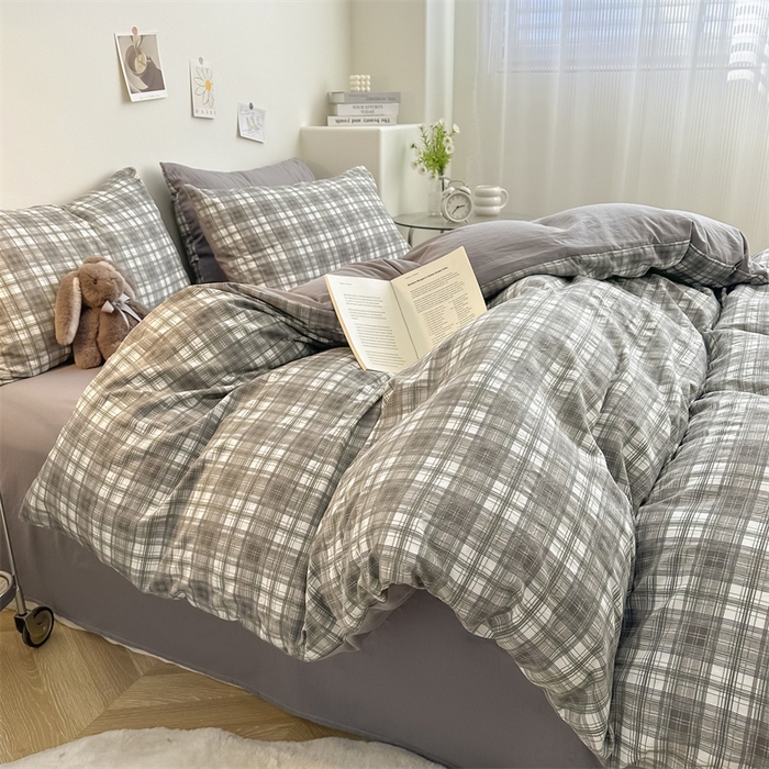 91家纺网 家纺一手货源 找家纺 古吉梦 2024新款水洗棉小清新印花格子系列四件套 G-可可灰+中灰