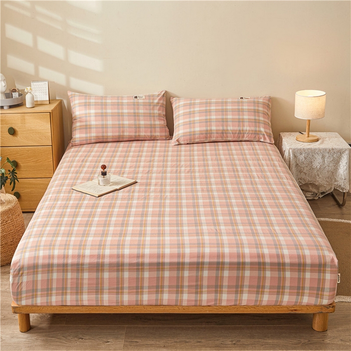 91家纺网 家纺一手货源 找家纺 喜居 2024新款A类色织纯棉水洗棉100%新疆棉全棉床笠 简兮粉