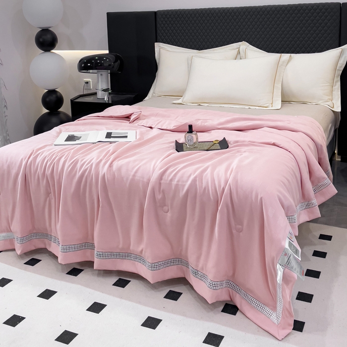 91家纺网 家纺一手货源 找家纺 优姿家纺  2024新品凉感生态提花大豆镂空抑菌夏被 格调优美-豆沙