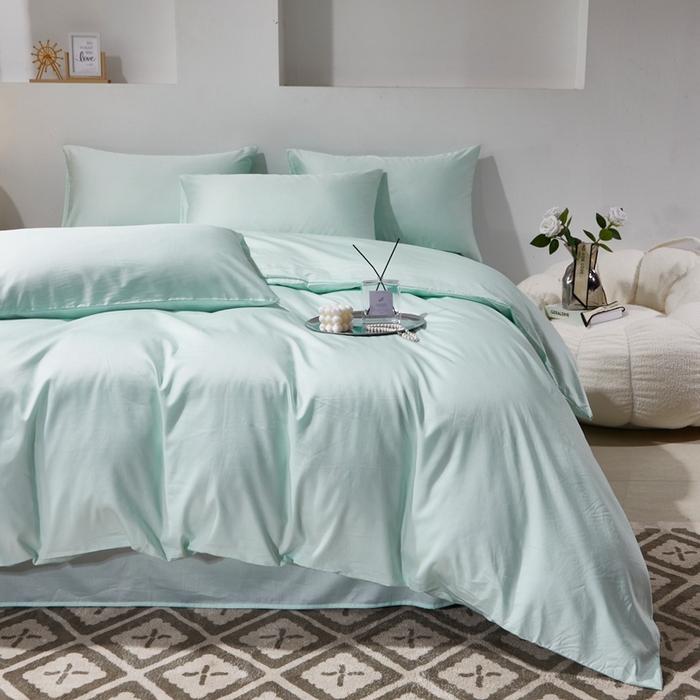 91家纺网 家纺一手货源 找家纺 晶缦家纺 2024新款全棉60支贡缎长绒棉纯色多规格四件套和单品-琅夕系列 四件套 琅夕-天青绿