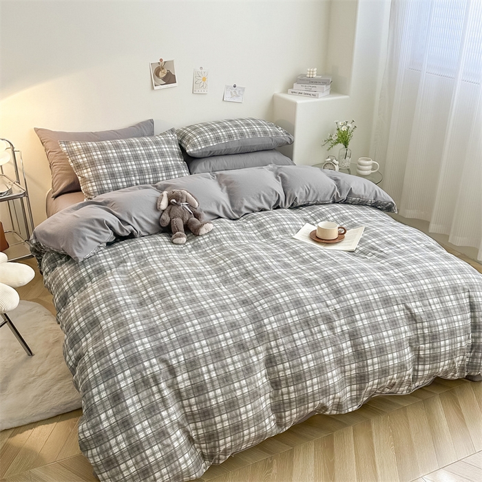 91家纺网 家纺一手货源 找家纺 古吉梦 2024新款水洗棉小清新印花格子系列四件套 G-可可灰+中灰