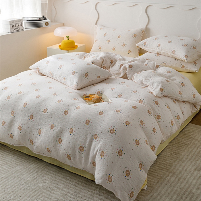 91家纺网 家纺一手货源 找家纺 （总）蜜柚 2024新款全棉双层皱皱纱四件套