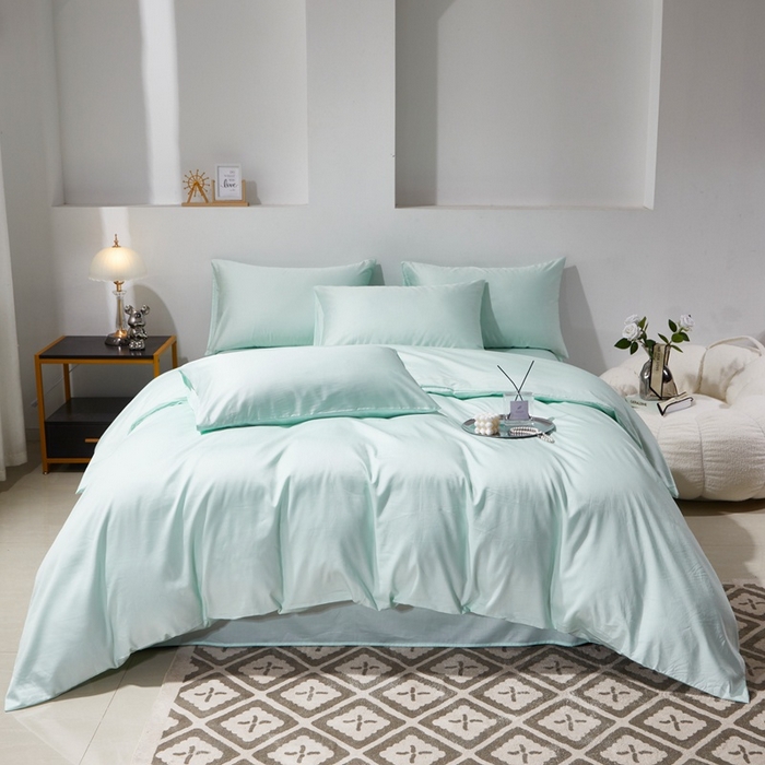 91家纺网 家纺一手货源 找家纺 晶缦家纺 2024新款全棉60支贡缎长绒棉纯色多规格四件套和单品-琅夕系列 四件套 琅夕-天青绿