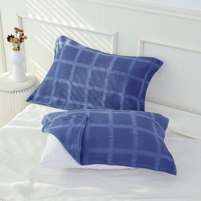 91家纺网 家纺一手货源 找家纺 朴尔家纺 2024新款全棉质朴方格风立体华夫格透气纱布枕巾/对 方格华夫格-深蓝枕巾