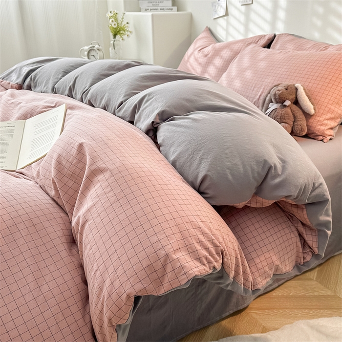 91家纺网 家纺一手货源 找家纺 （总）古吉梦 2024新款水洗棉小清新印花格子系列四件套