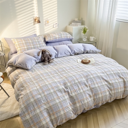 91家纺网 家纺一手货源 找家纺 （总）古吉梦 2024新款水洗棉小清新印花格子系列四件套