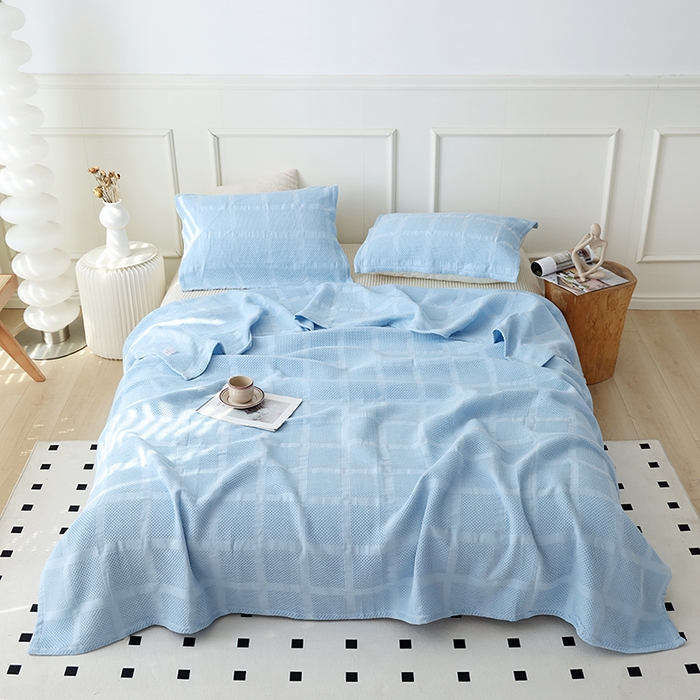 91家纺网 家纺一手货源 找家纺 朴尔家纺 2024新款全棉质朴方格风立体华夫格透气纱布毛巾被 方格华夫格-浅蓝