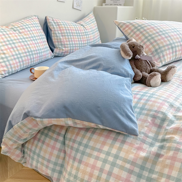 91家纺网 家纺一手货源 找家纺 古吉梦 2024新款水洗棉小清新印花格子系列四件套 G-七彩格+海青