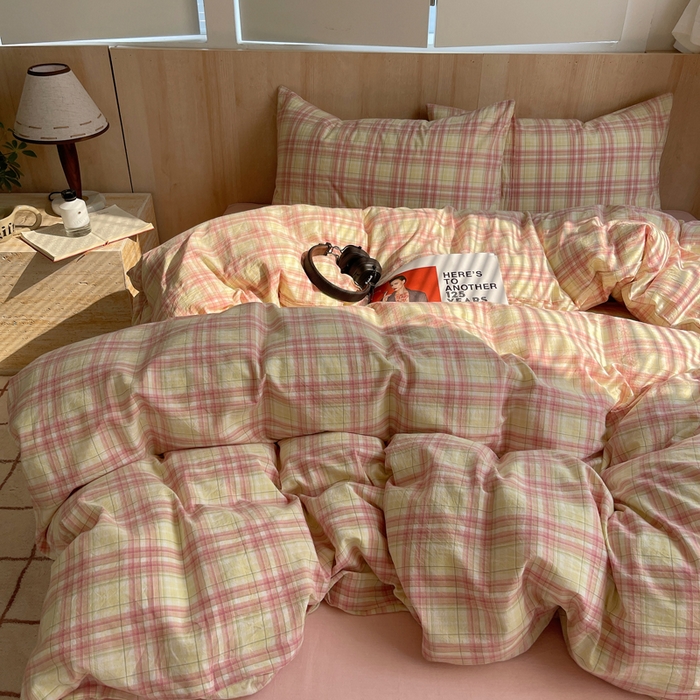 91家纺网 家纺一手货源 找家纺 艾咪 2024新款博主风全棉色织水洗棉四件套 多芙芭蕾粉