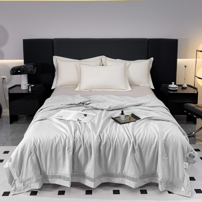 91家纺网 家纺一手货源 找家纺 优姿家纺  2024新品凉感生态提花大豆镂空抑菌夏被 格调优美-高级灰